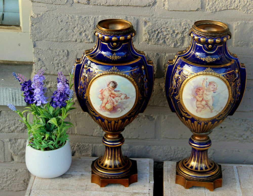 Antique PAIR french putti angels porcelain Blue Vases 19th c