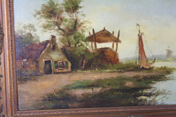 Holland Oil Canvas painting Dutch farm on the lake 1910 circa signed Willers