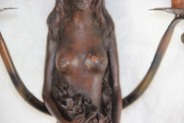 PAIR Vtg french art nouveau naked lady Caryatid Wall lights sconces wood patina