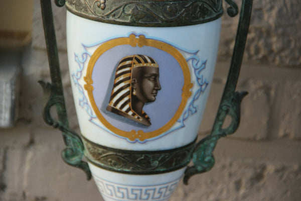 PAIR antique French oil Lamps porcelain Bronze Egypt potrait heads Rare marked