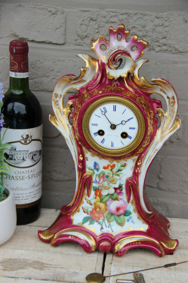 French antique vieux paris porcelain hand paint floral mantel clock