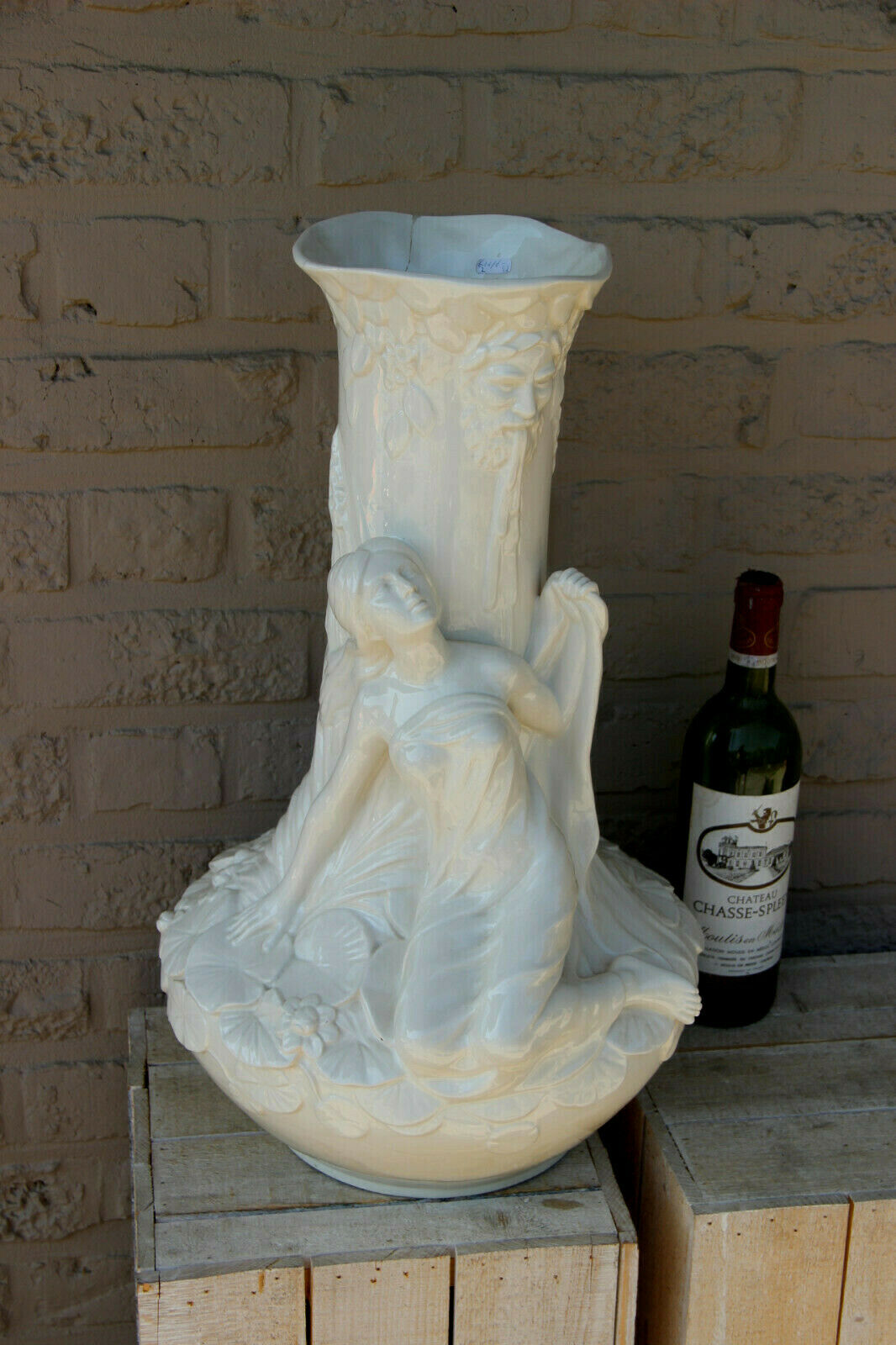 XL French art nouveau porcelain white Lady nymph Satyr head floral Vase