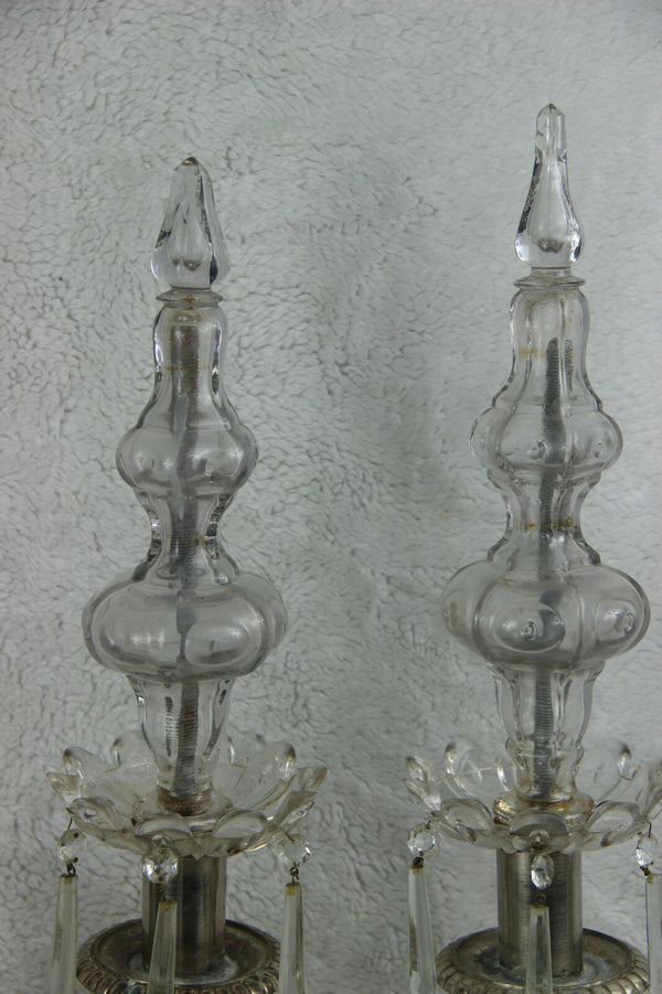 PAIR antique religious Bronze Candlesticks church crystal glass portrait heads