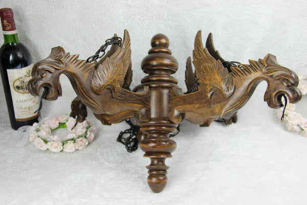 Vintage French Castle gothic 4 Dragon arms Wood carved chandelier pendant