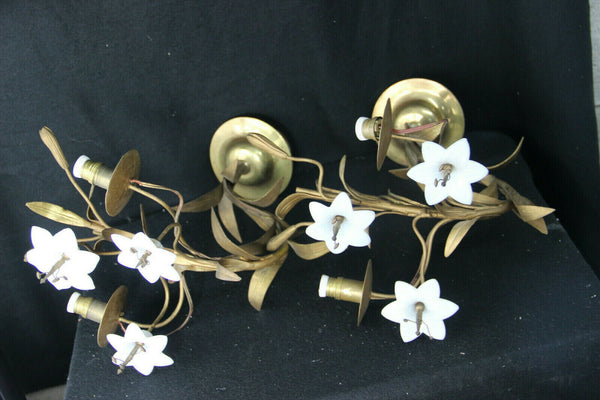 PAIR large antique french religious church brass opaline lily flower sconces