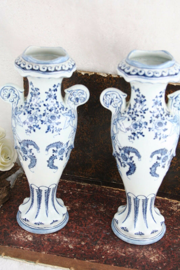PAIR vtg 1950's Delft decor pottery Vases Mill Sailing boat scenes