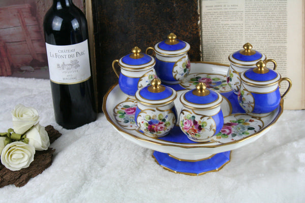 Antique French Serving tray 6 cream pots sevres floral porcelain 1900