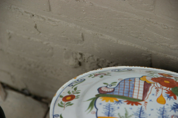 LARGE Antique Dutch Delft 19thc polychrome pottery wall Plate Chinoiserie decor