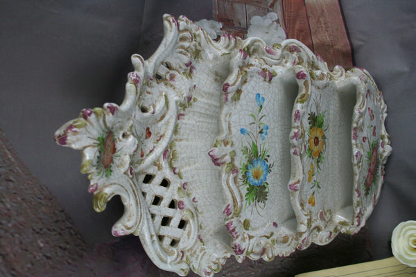 French vintage Majolica Biscuit Craquele Wall Antique Letter holder Flowers