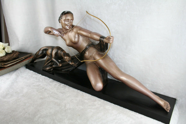 HUGE XL ART deco chalkware Hunting lady with whippet greyhound bow wood base