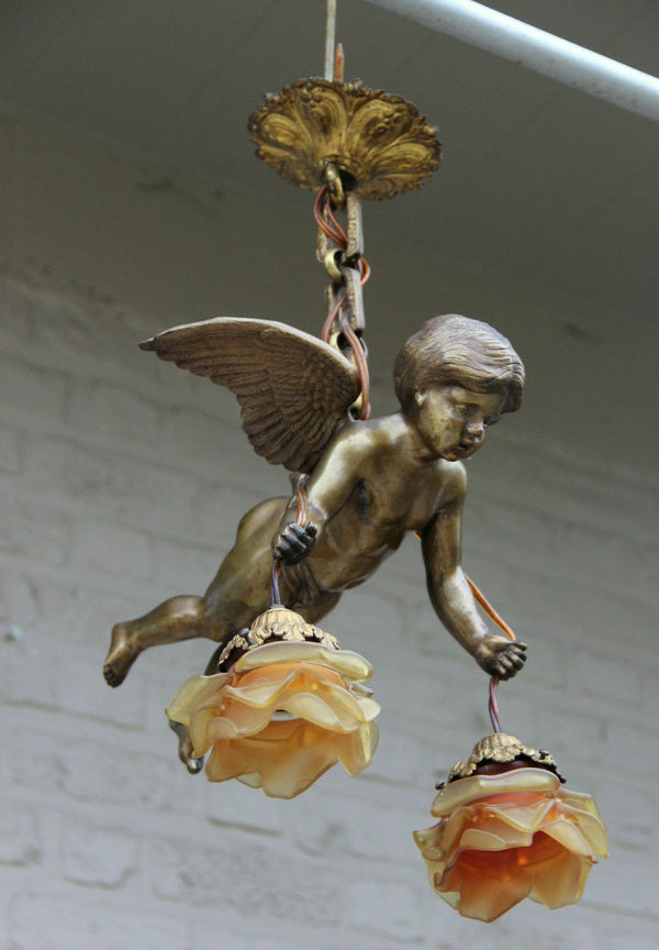 Superb antique parisian heavy bronze putti angel pendant lantern chandelier