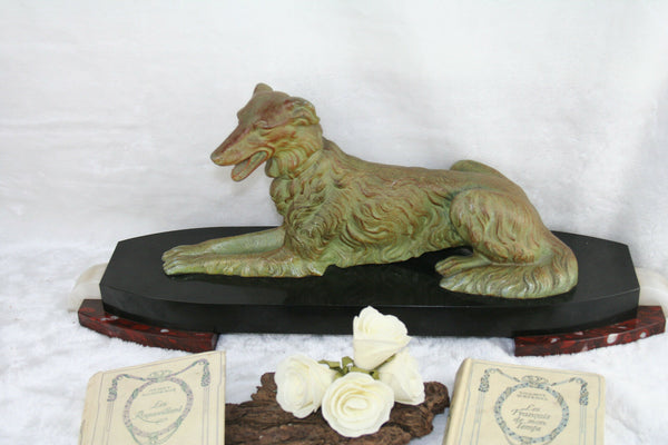 XL ART DECO 1930 French Whippet greyhound Spelter green bronze patina marble