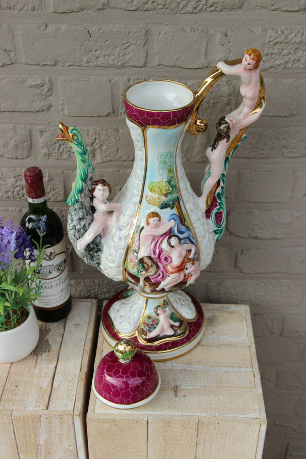 Majestical Capodimonte italian marked porcelain putti swan Ewer pitcher Vase