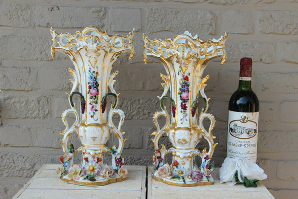 Top antique Vieux paris porcelain FRench vases Floral relief decor attr. petit