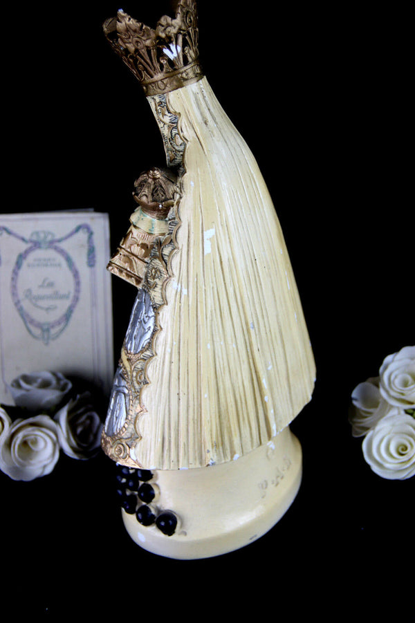 Antique chalkware polychrome Notre dame de HALLE marked black madonna figurine