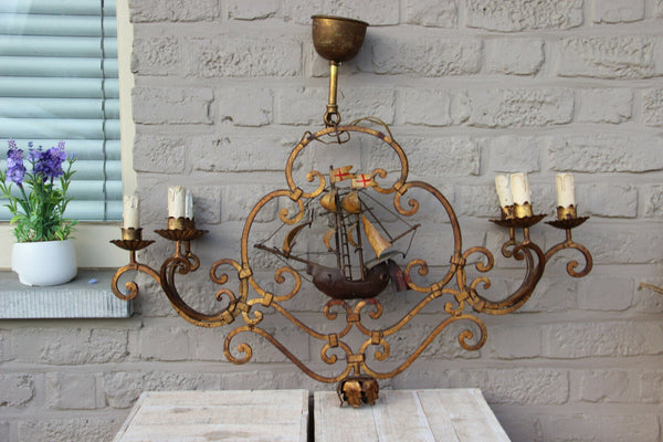 Rare Unusual Antique Bronze French Wrought iron Ship boat chandelier 6 lamps