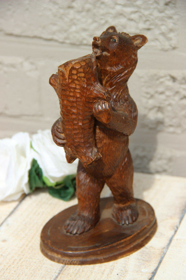 Antique hand Black forest wood carved swiss bear statue candle holder