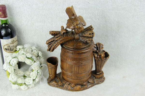 Antique 19thc Black forest wood carved tobacco smoking set chicken figurine