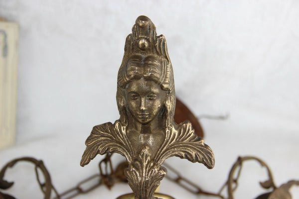 Antique French Faience porcelain brass Caryatid lady chandelier pendant 1930's