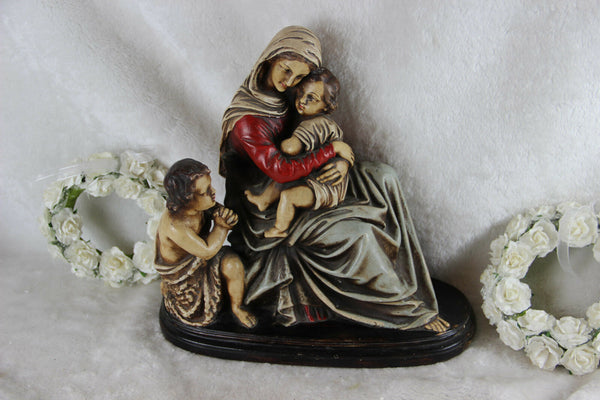 Antique French Religious chalkware polychrome statue madonna jesus john baptist