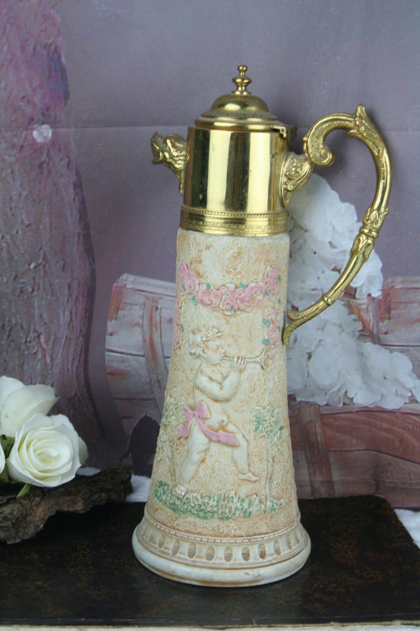 Vintage french Majolica faience Pitcher Tableware putti cherub dragon gothic