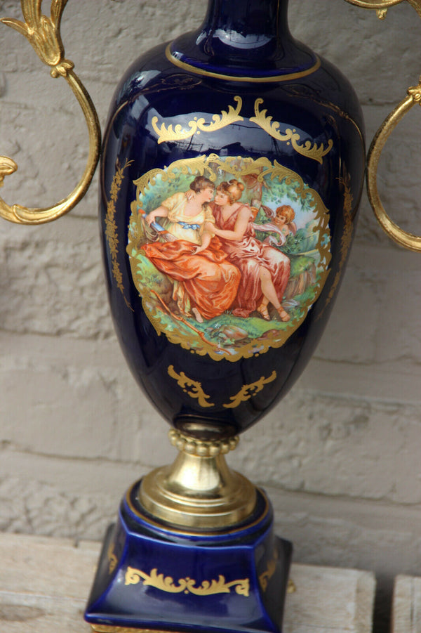 PAIR french vintage cobalt blue limoges porcelain victorian scene vases 1960