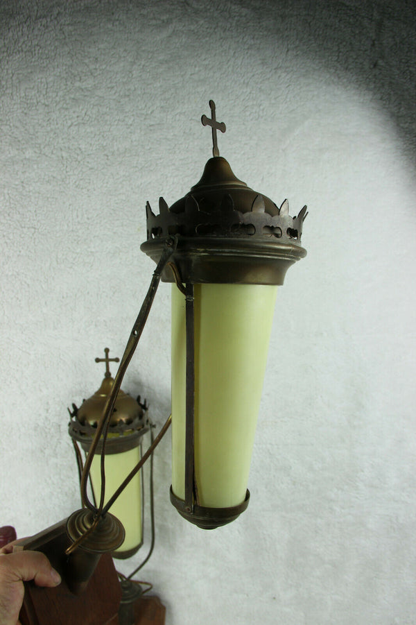 Antique French pair religious procession wall lights sconces glas wood metal