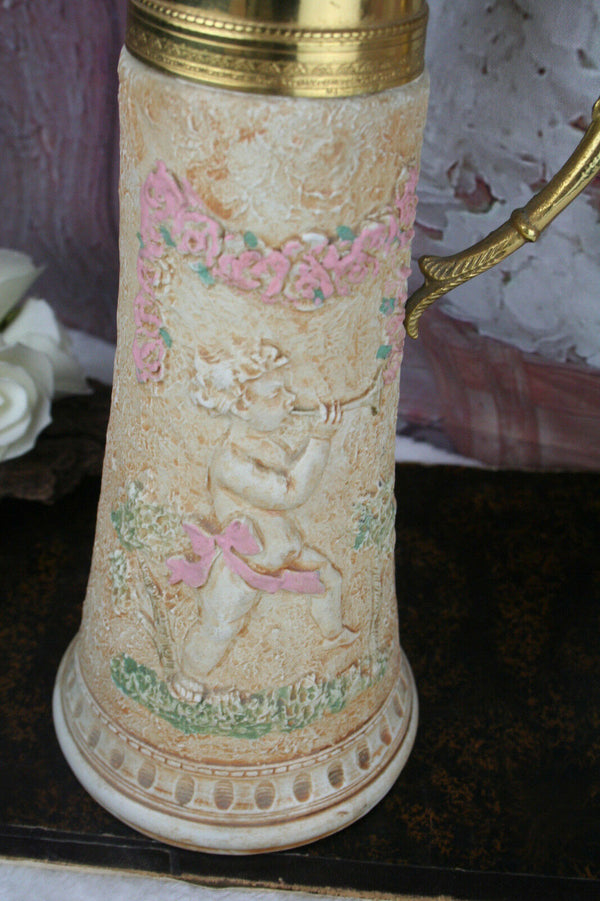 Vintage french Majolica faience Pitcher Tableware putti cherub dragon gothic