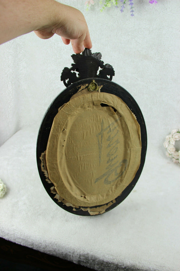 Antique French napoleon III Black wood carved crucifix bronze christ religious