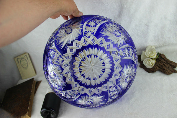 HUGE 1960 hand cut Bohemian Top crystal glass cobalt blue Fruit tray plate