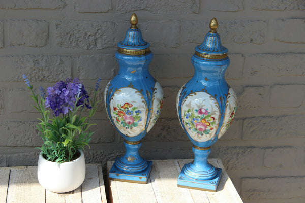 Antique PAIR French vieux paris pastel blue hand paint floral decor Vases