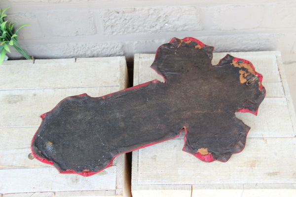 Antique French Religious holy water font bronze christ crucifix cloisonne enamel