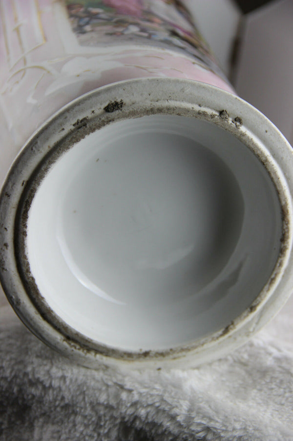 PAIR XL French antique faience Rose napoleon scene Vases 1920