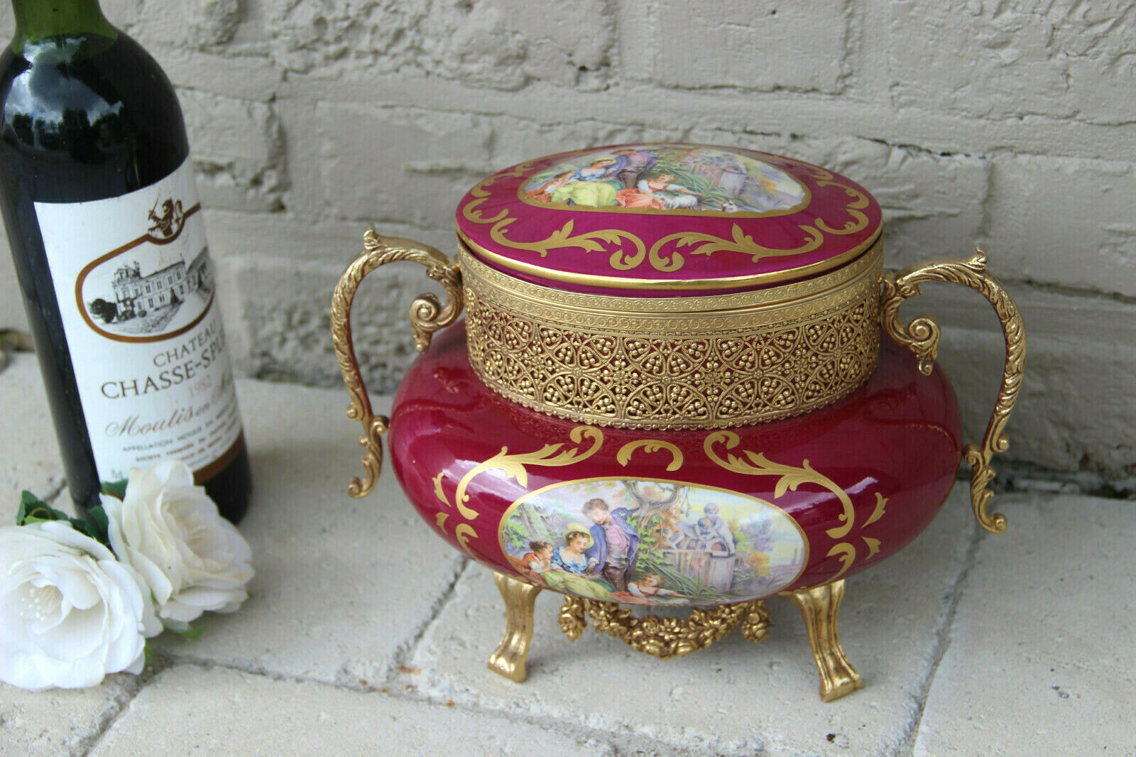French vintage limoges burgundy porcelain victorian romantic bowl centerpiece