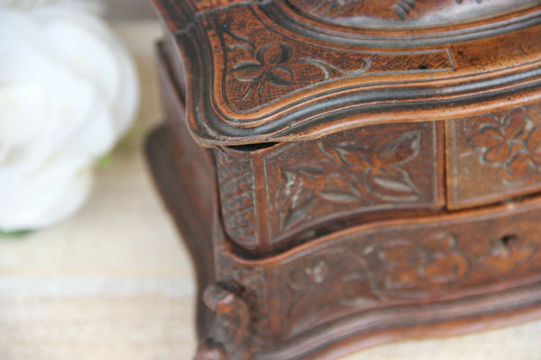 Antique Swiss black forest wood carved jewelry trinket box bird velvet