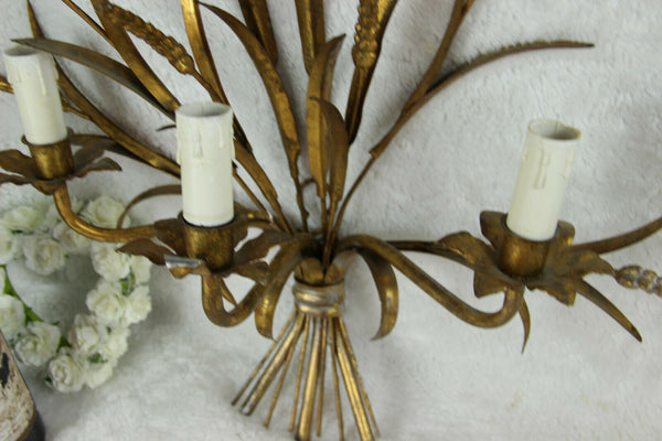 PAIR XXL Hollywood regency 3 arm Italian Gilt Metal Wheat Sheaf Wall Sconces