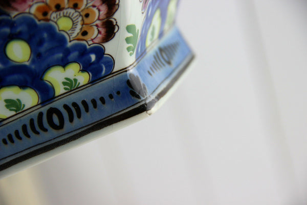 LARGE polychrome ceramic DELFT Bird floral lidded vase marked Dutch