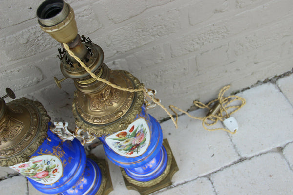 Huge PAIR French antique oil lamp Vieux paris porcelain portrait floral decor