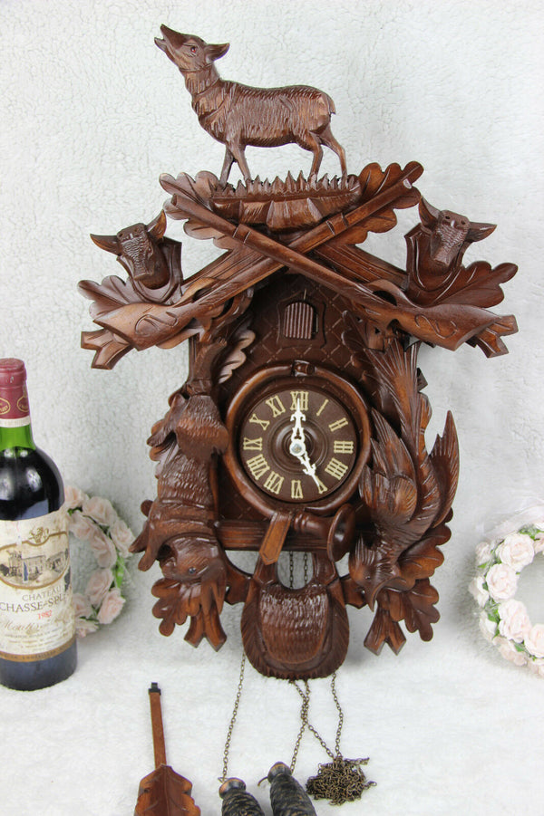 Vintage german cuckoo Wood carved black forest hunt theme Clock wall