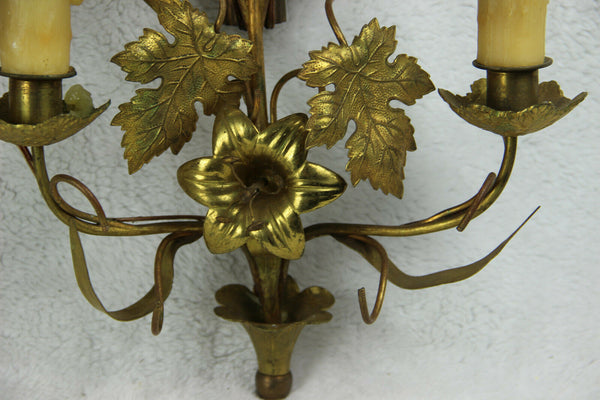 Antique Religious church french wall lights sconces brass metal flowers