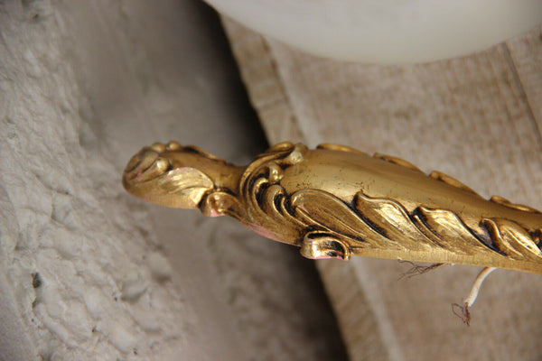 PAIR vintage 1960 French brass metal Lion head wall lights sconces glass globe