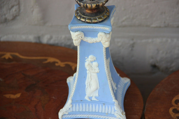 Antique PAIR Wedgwood angel putti ram heads porcelain candle holders