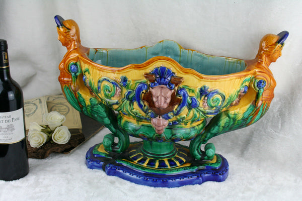 French Art nouveau 1900 Caryatid Lion head Barbotine majolica Planter Vase n1
