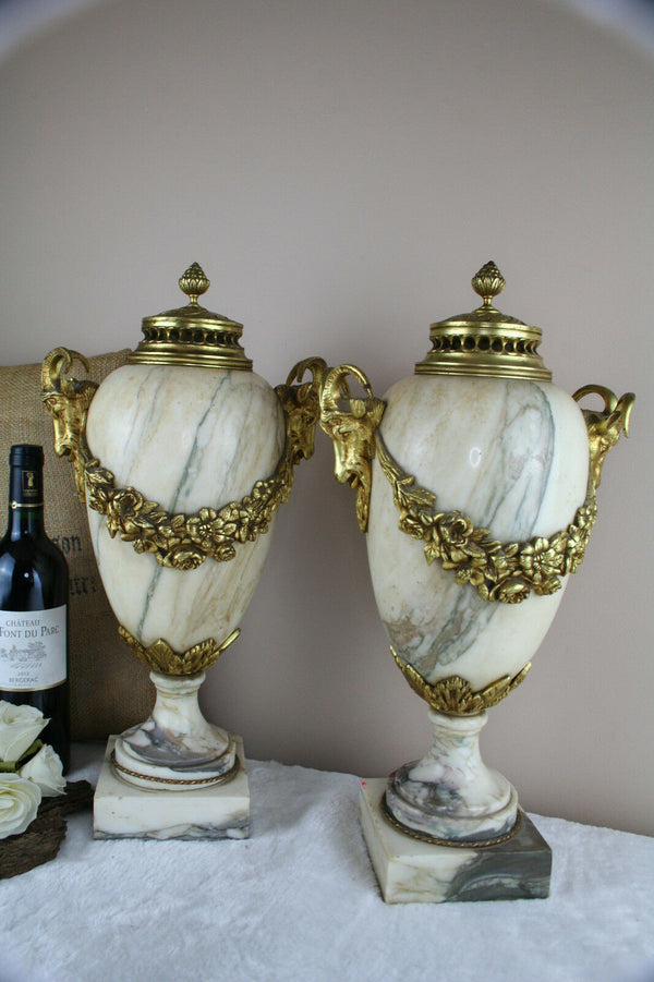 PAIR Huge French Marble Vases urns Ram heads bronze louis XVI decor 1900