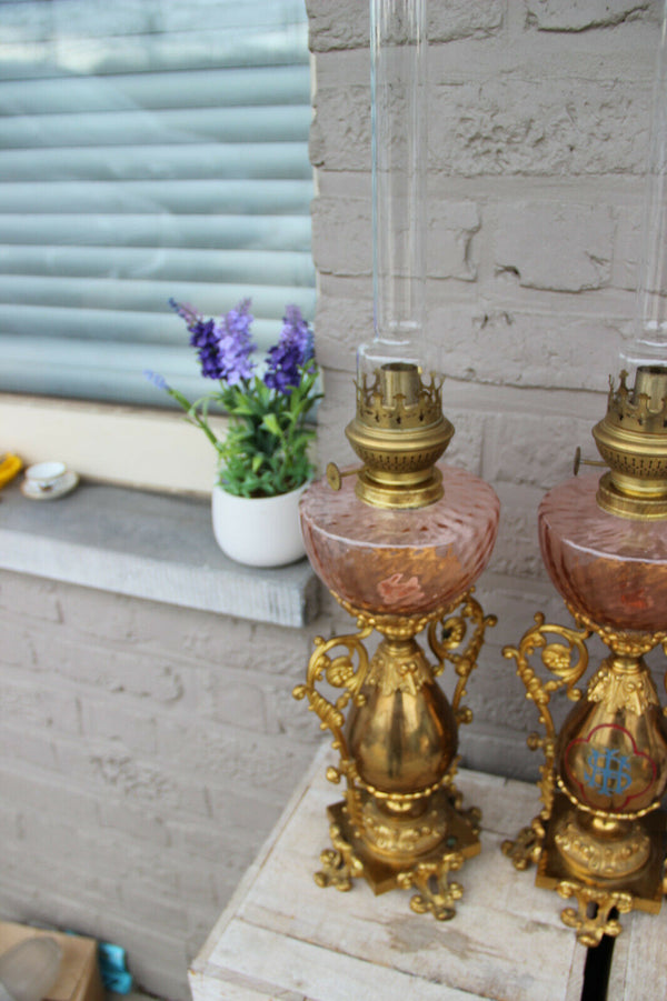 Rare Antique bronze French Church altar PAIR oil Lamps enamel decor religious