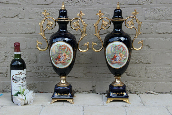 PAIR XL French cobalt blue limoges porcelain Vases victorian romantic decor
