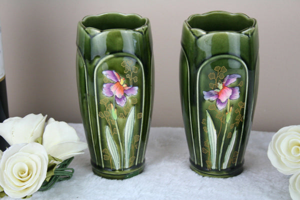 PAIR Art Nouveau vases polychrome floral decor iris fives lille pottery de bruyn