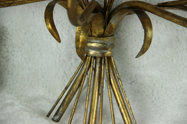 PAIR XXL Hollywood regency 3 arm Italian Gilt Metal Wheat Sheaf Wall Sconces