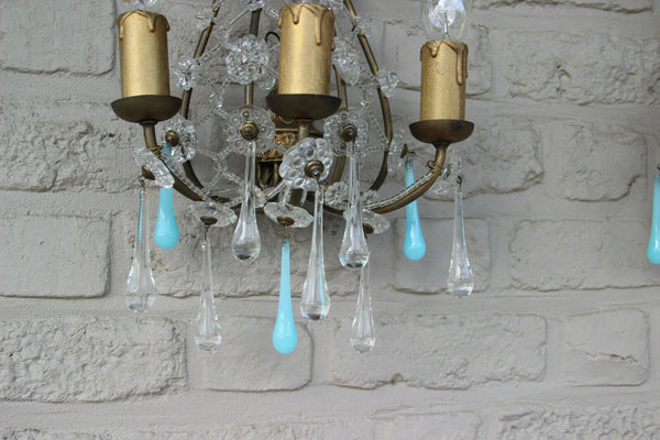 PAIR Murano turquoise glass drops flowers chains wall lights sconces 1960
