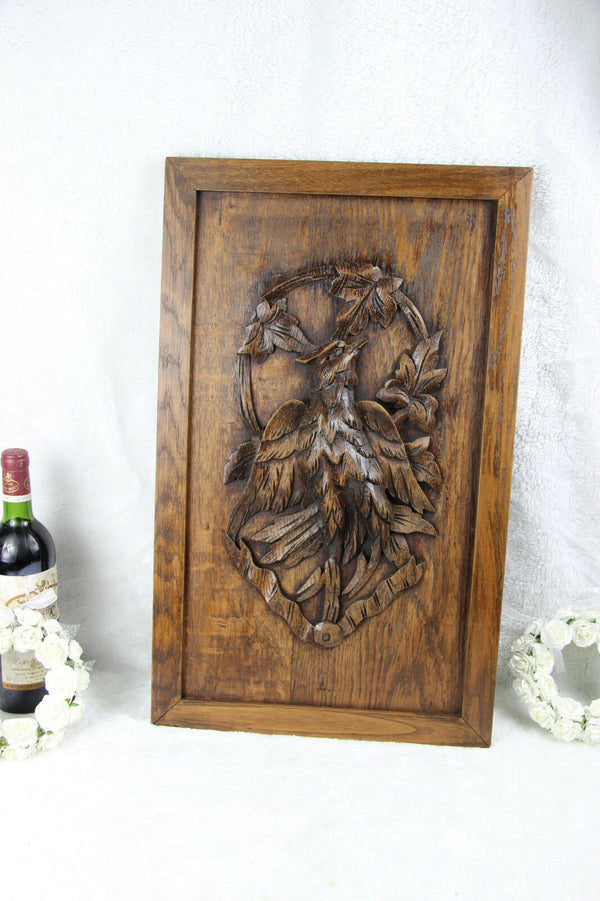 OLD german black forest oak wood carved wall plaque hunt bird panel